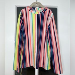 neon yellow, blue, coral striped rash guard long sleeve top